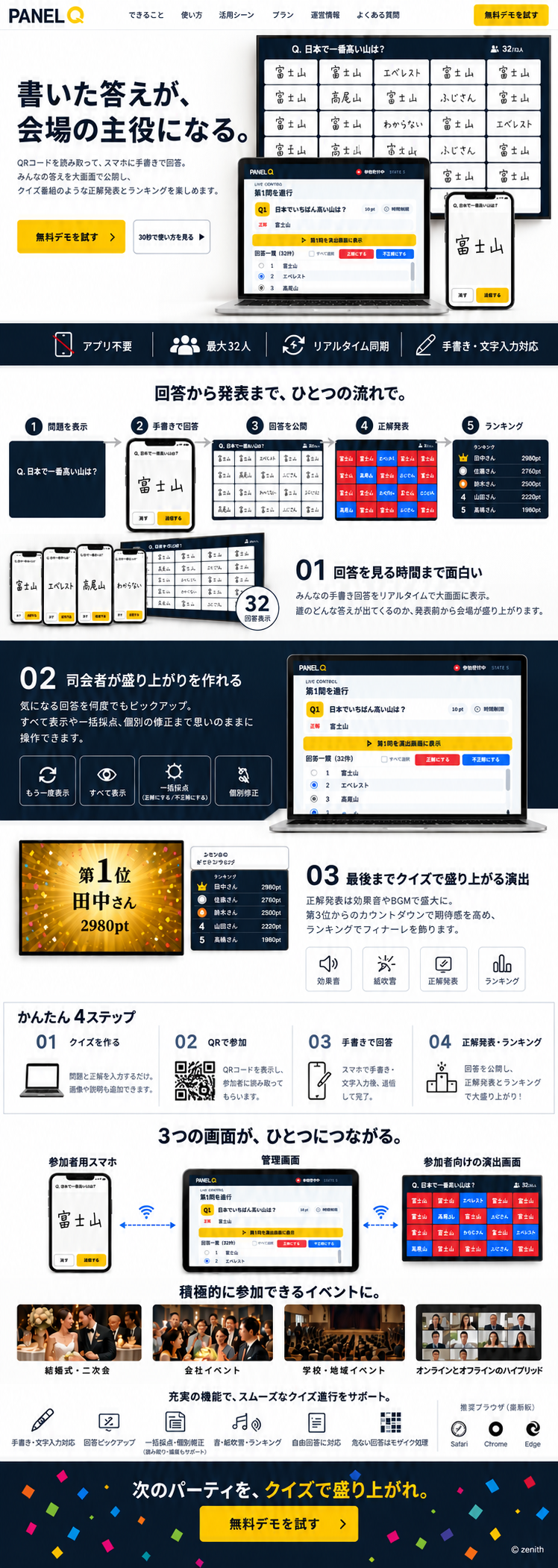 スマホで手書き回答、パソコンで進行し、大画面にみんなの答えを映すPANEL Q